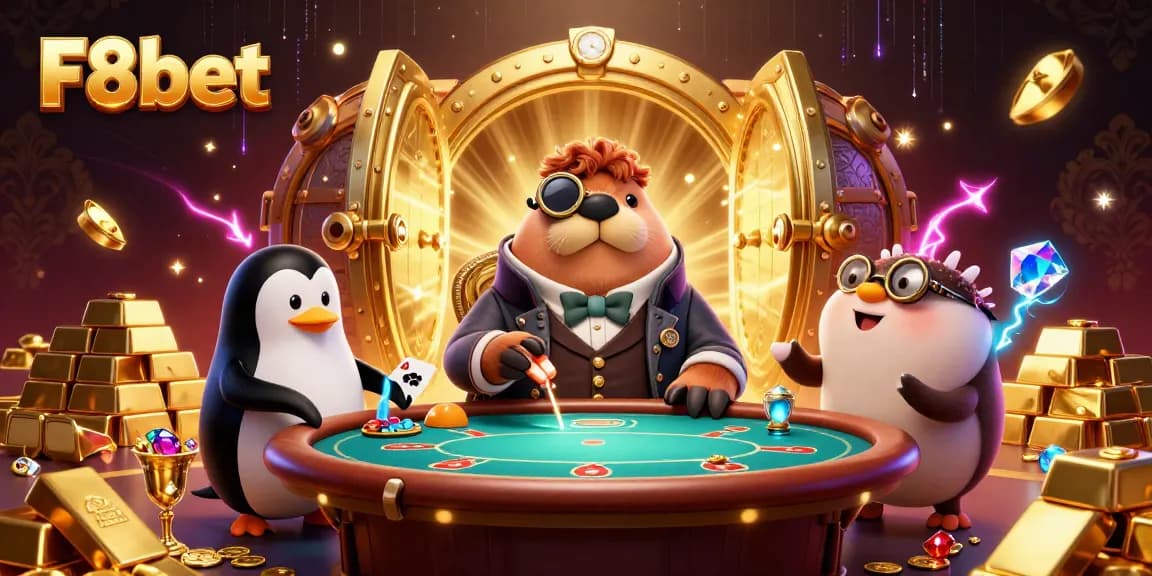 F8bet players enjoy poker at an underwater casino, surrounded by gold treasures and vibrant gems.