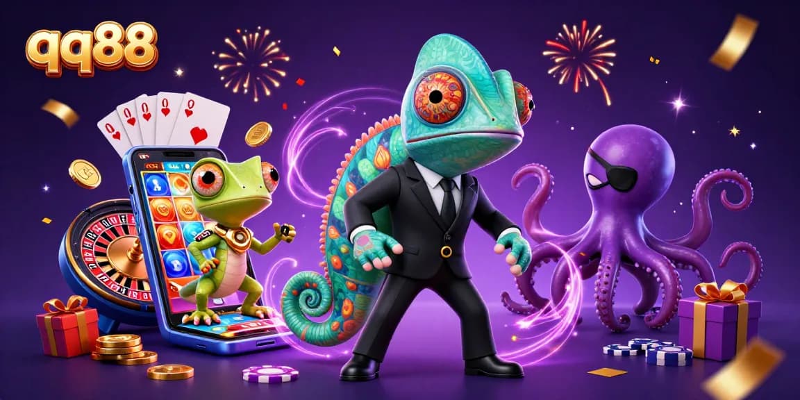 Experience thrilling gameplay at qq88 with a vibrant 3D illustration depicting slot games and dynamic characters.