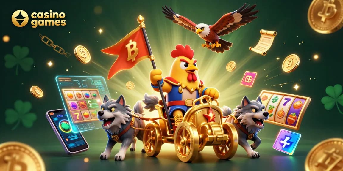 Experience thrilling casino games with a 3D cartoon rooster warlord and vibrant slot reels!