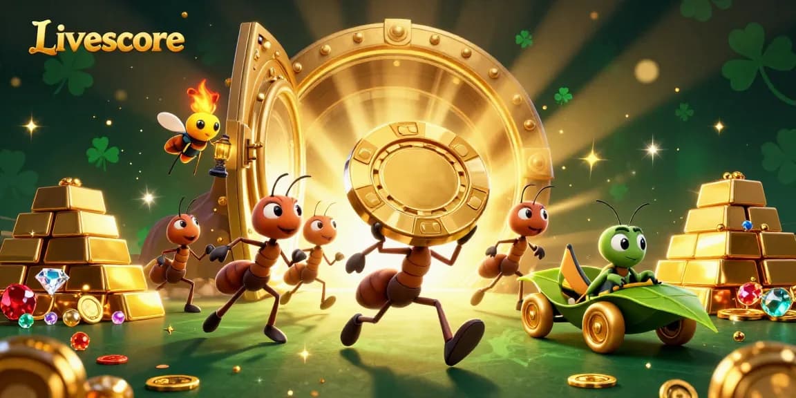 Engaging Livescore scene depicting ants carrying a giant poker chip, highlighting dynamic gambling action.