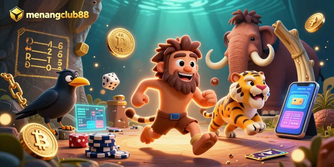 Engage with the exciting menangclub88 experience featuring a vibrant prehistoric casino with cartoon characters.