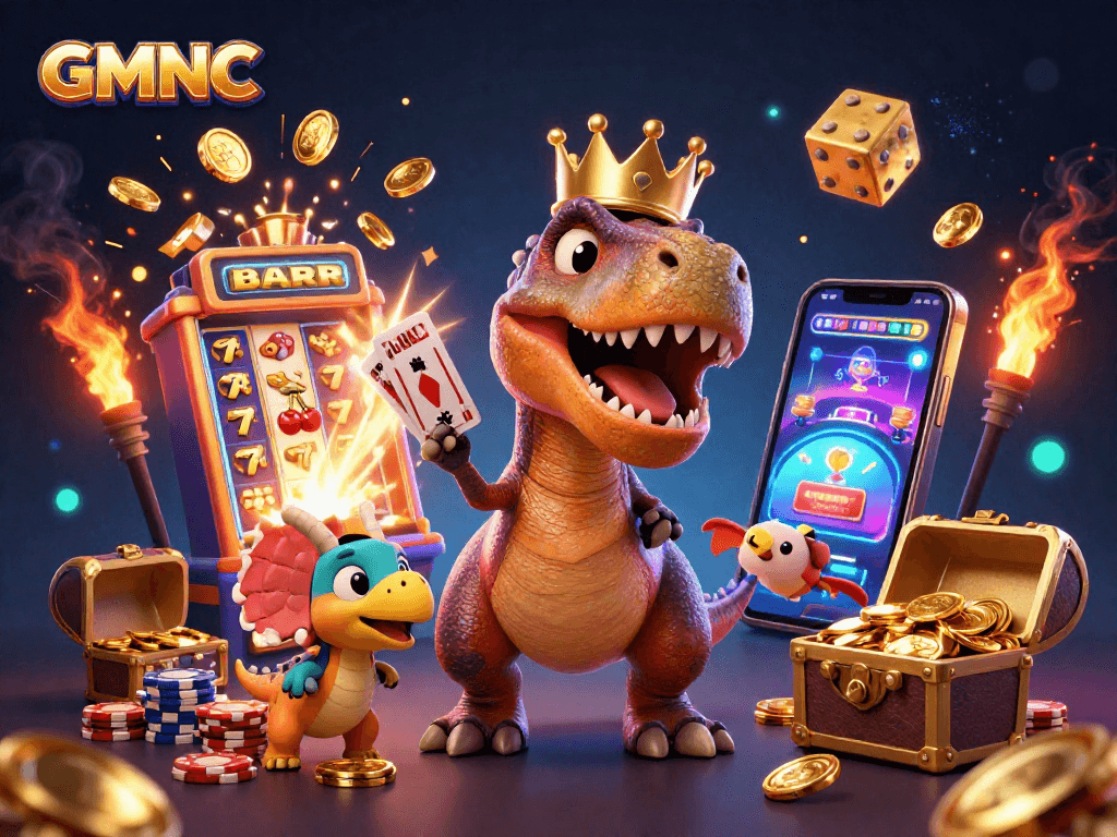 GMNC showcases a vibrant casino scene with T-Rex shuffling cards, and a jackpot explosion.
