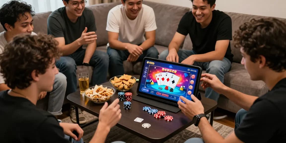 Friends enjoying Poker Game on mobile with app link displayed, vibrant graphics and strategic gameplay atmosphere.
