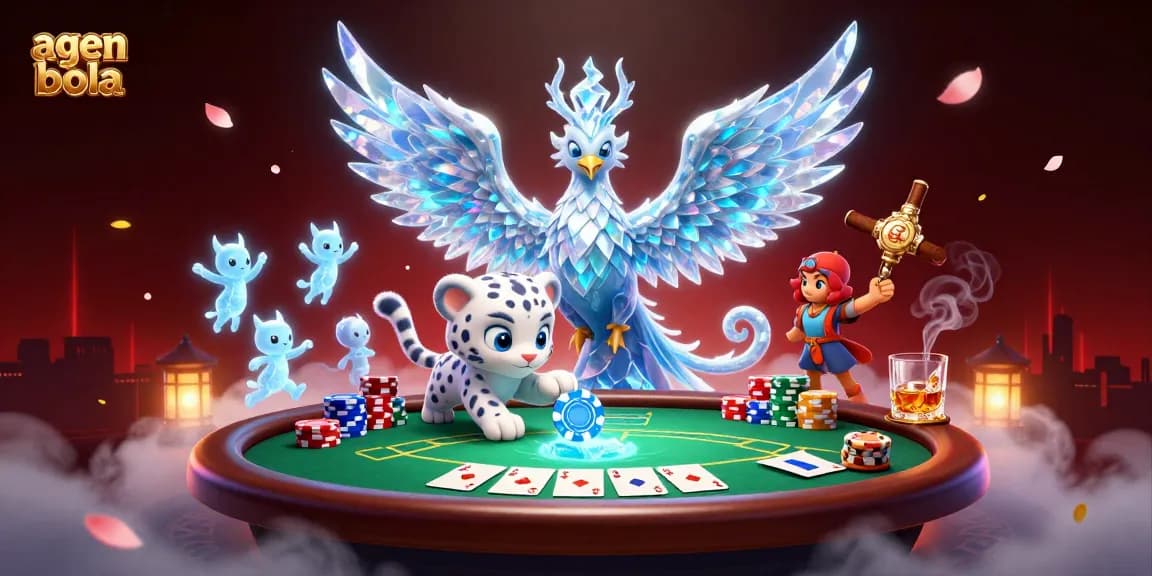 Experience engaging agen bola action with an ice phoenix, snow leopard cub, and vibrant casino elements.