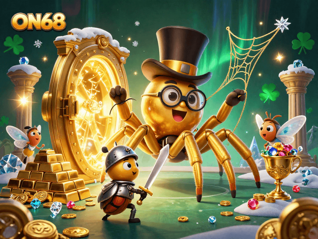 Engage in thrilling gameplay at ON68 with a golden tarantula and knight under dazzling treasures.