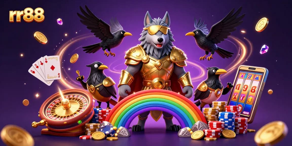 Engage with rr88's vibrant gaming world featuring a golden Odin wolf and dynamic casino elements.