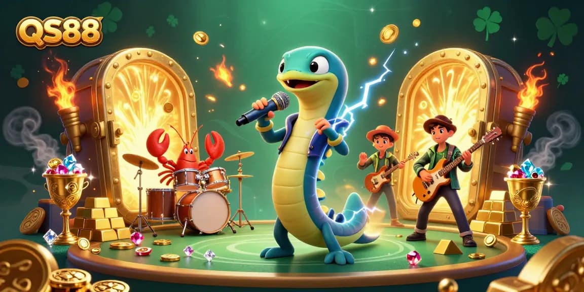 Experience the excitement at QS88 Casino with a vibrant underwater scene featuring dynamic characters and rich treasures.