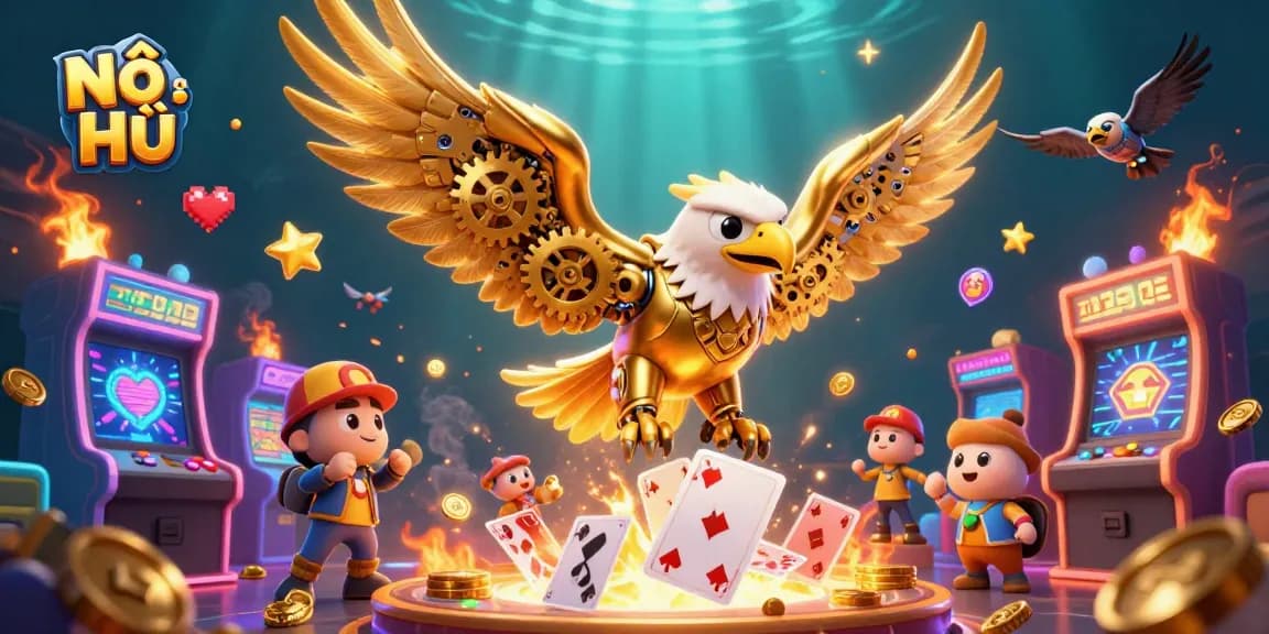 Engage in Nổ Hũ themed excitement with a dynamic 3D illustration featuring a golden eagle and holographic playing cards.