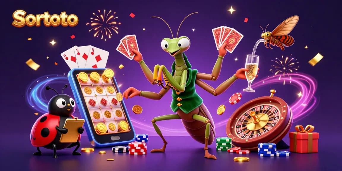 Experience the thrill of gaming with SORTOTO's vibrant casino illustration featuring a giant mantis and ladybug.