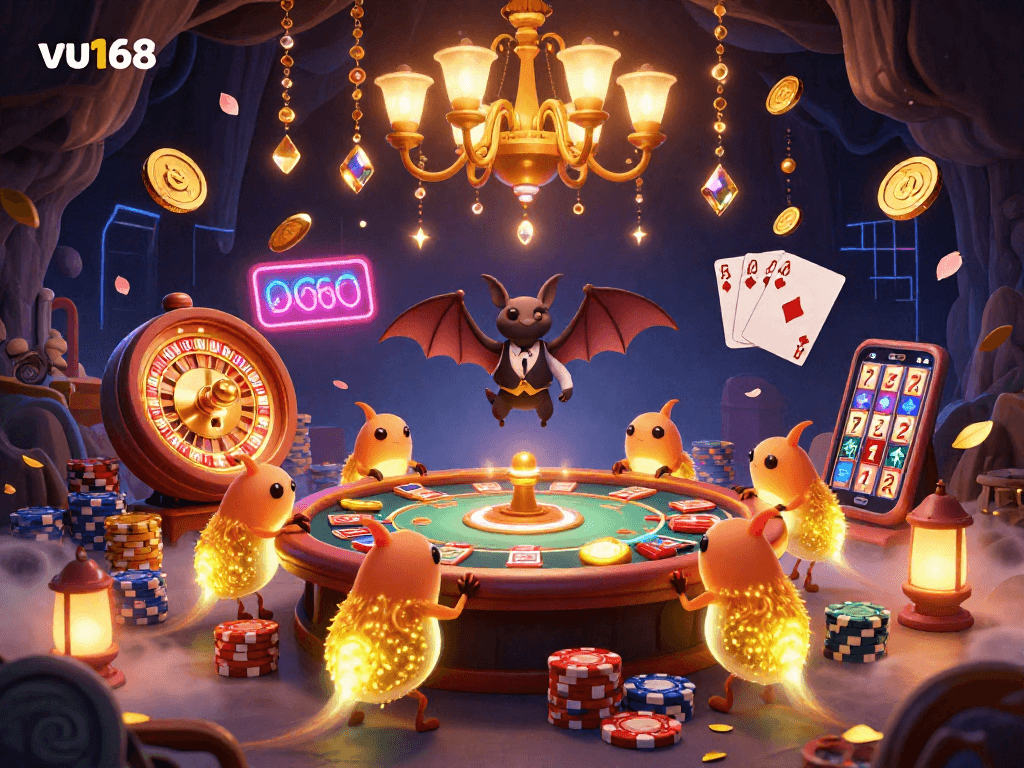 Engage in vibrant casino fun at vu168 with glowworms illuminating a cave casino filled with rich gaming elements.