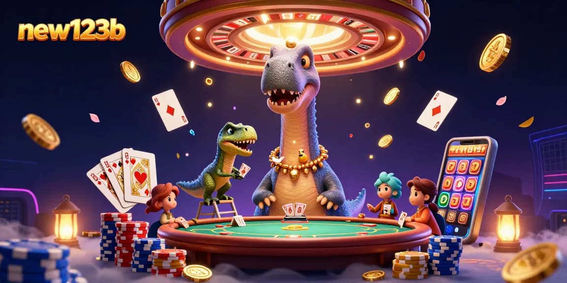 Engage in thrilling action at new123b with a vibrant 3D casino scene featuring a playful brontosaurus and clever raptor.
