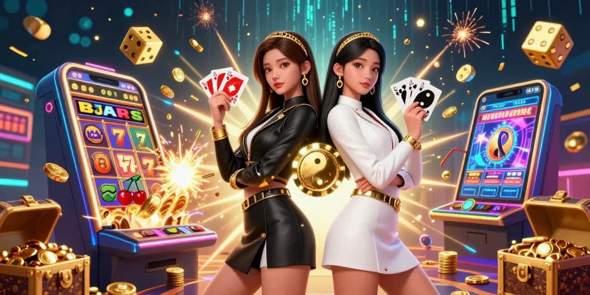 Play exciting games at yo88go with stunning visuals of twin Asian women in a dynamic casino scene.