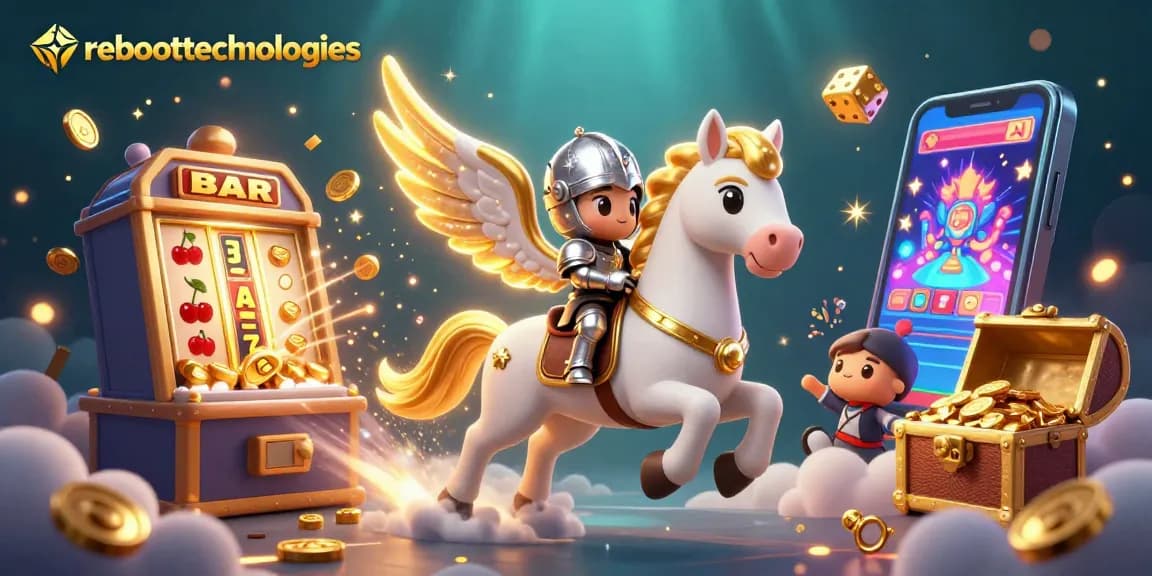Engage with reboottechnologies at a vibrant 3D casino scene bursting with slots, treasures, and winning fun!