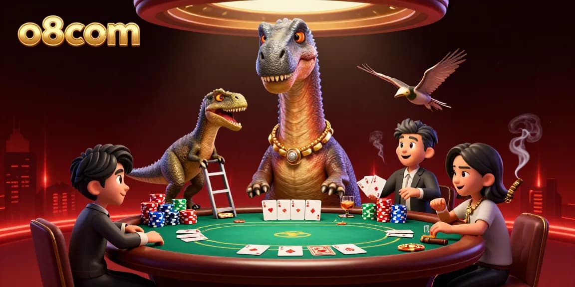 Experience thrilling gameplay with o8com where a brontosaurus oversees a vibrant poker scene.