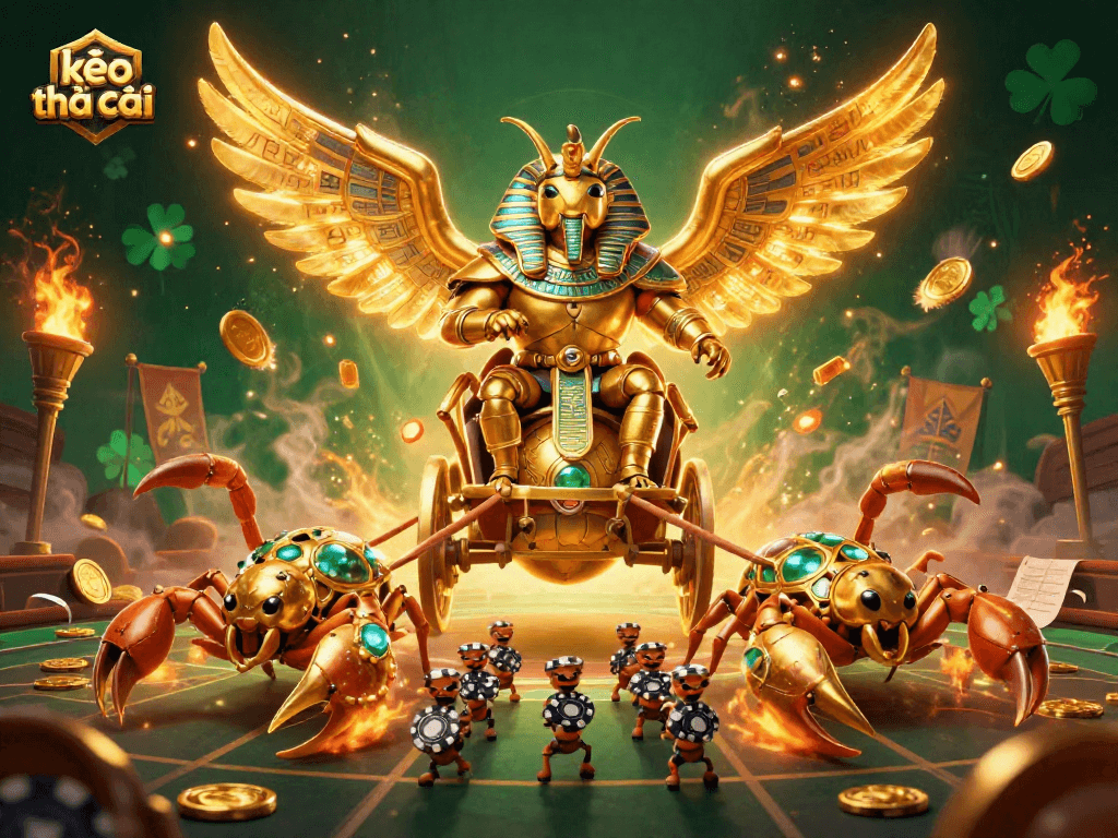 Engage with kèo nhà cái as a golden scarab beetle and scorpions dominate a vibrant betting arena.