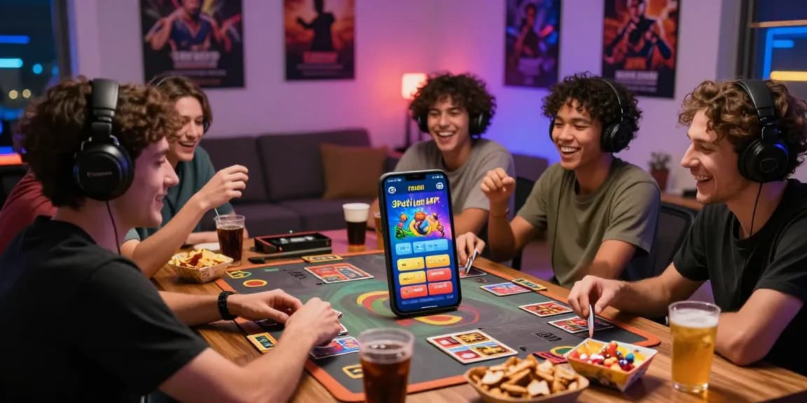 TeenPattiLoot players enjoying a lively gaming session with smartphones and snacks in a cozy room.