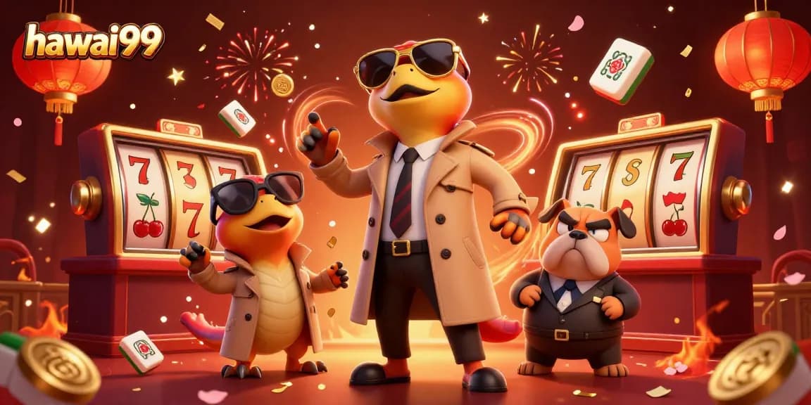 Experience the fun of hawai99 at a vibrant casino with raptors and a bulldog bouncer.