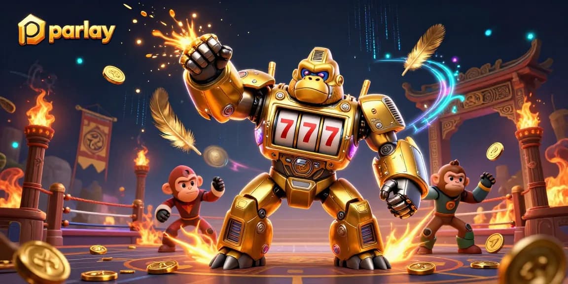 Experience parlay excitement with a golden gorilla mech and dynamic casino elements in this vibrant illustration.