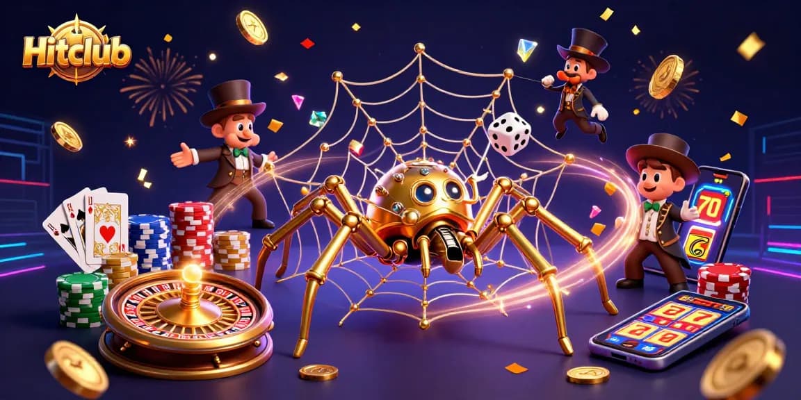 Hitclub engages gamers with a captivating scene of a golden spider and delighted fly amidst vibrant casino elements.