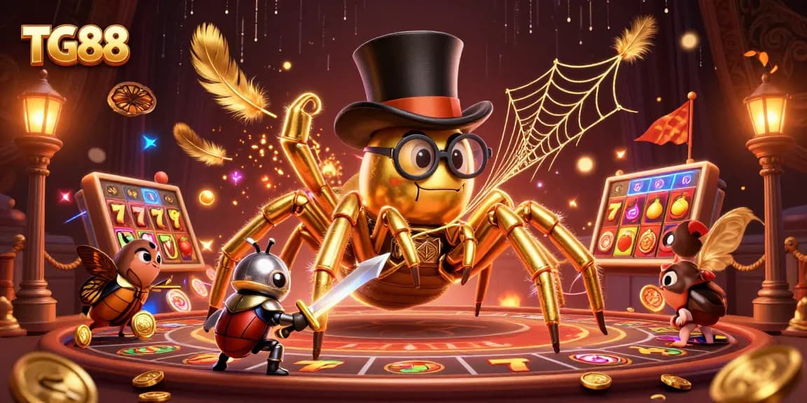Experience thrilling gameplay at TG88 with a vibrant scene featuring a golden tarantula and dynamic casino elements.