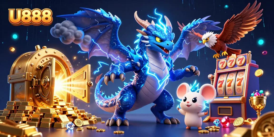 Experience thrilling gameplay at U888 with a dynamic dragon and casino treasure scene.