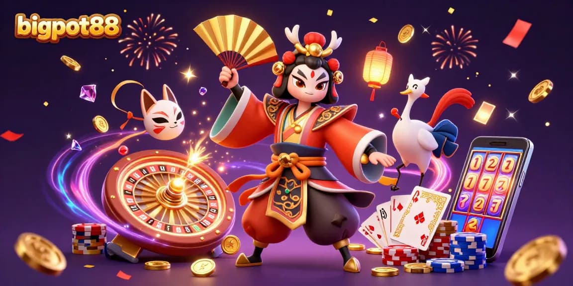 Experience bigpot88 with vibrant slot symbols, kabuki warrior, and confetti for an immersive gambling thrill.