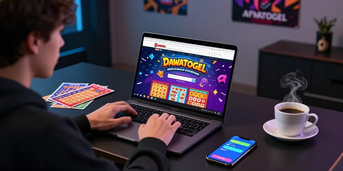 Seorang pemain terlibat dengan situs dewatogel di laptop dengan tiket lotere colorful di sekitarnya.