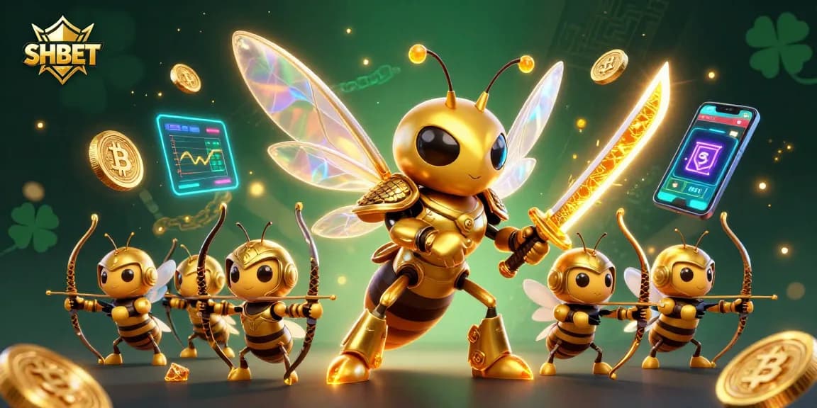 Engage with SHBET, featuring a dynamic illustration of a golden hornet warrior in an immersive casino environment.