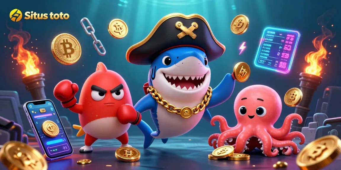 Situs toto offers vibrant gaming action with pirate-themed characters and cryptocurrency elements celebrating online gambling