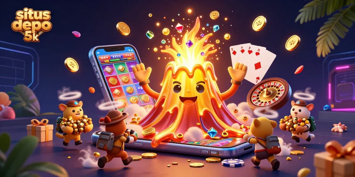 Win big with situs depo 5k as golden coins and treasures flow from a triumphant volcano in this vibrant slot scene.