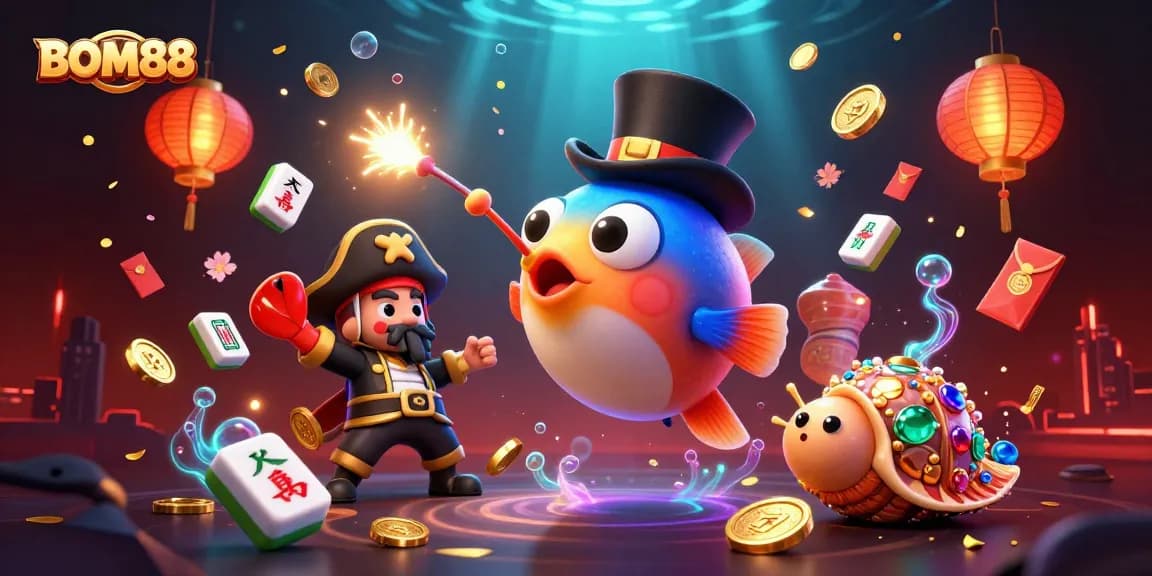 BOM88 gamers enjoy fortune with vibrant 3D illustration featuring lucky deep-sea characters and casino elements.