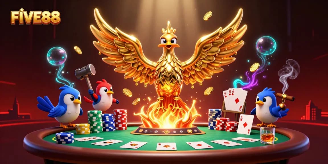 Experience the thrill of FIVE88 casino gaming with a molten metal phoenix and vibrant poker scene.