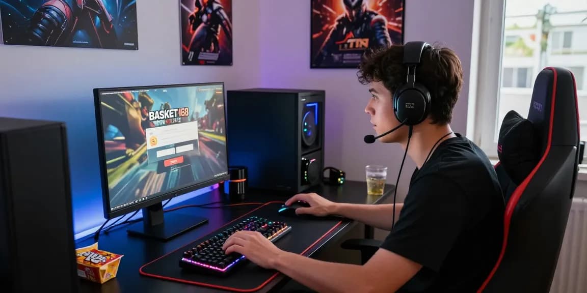 Login ke BASKET168 dengan cepat, gamer fokus di setup gaming lengkap dengan aksesori.