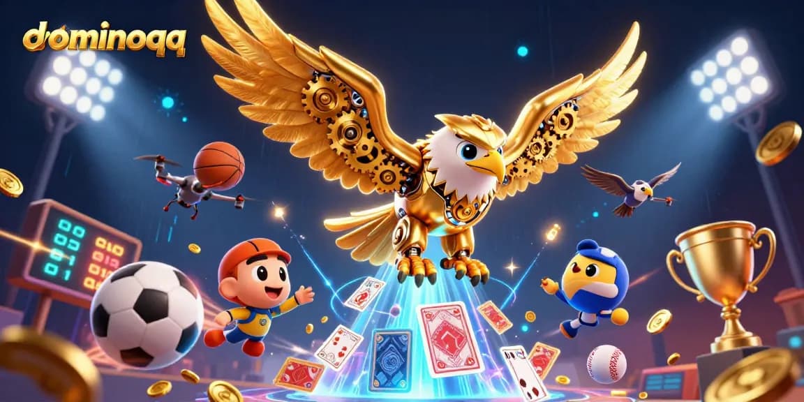 Engage in thrilling dominoqq gameplay with iconic golden eagle character, surrounded by dynamic casino elements.