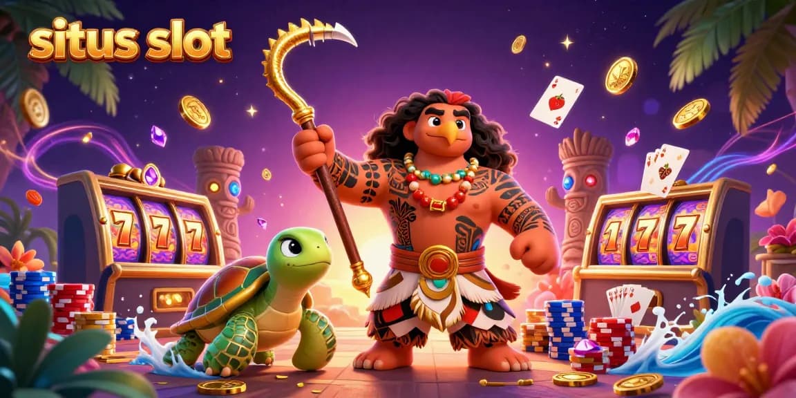 Visualisasikan situs slot yang menarik dengan karakter dewa Maui dan elemen kasino berkilauan.