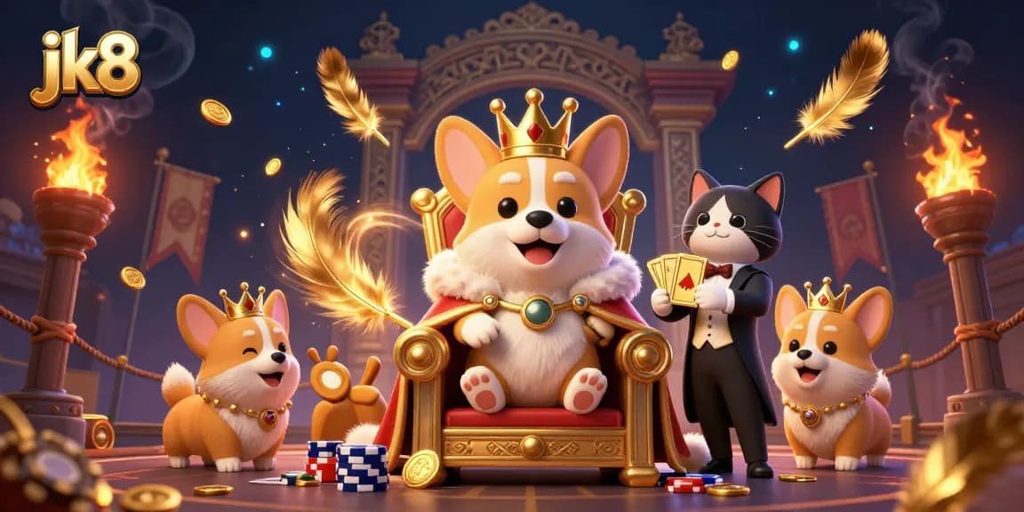 Engage in thrilling gameplay at jk8 with a royal corgi and golden card deck surrounded by vibrant casino elements.