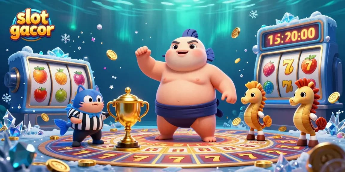 Permainan slot gacor dengan simbol keberuntungan dan jackpot, dikelilingi suasana meriah.