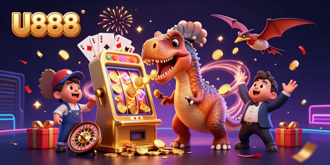 Witness U888's pachycephalosaurus activating a golden slot machine jackpot amidst vibrant casino chaos.