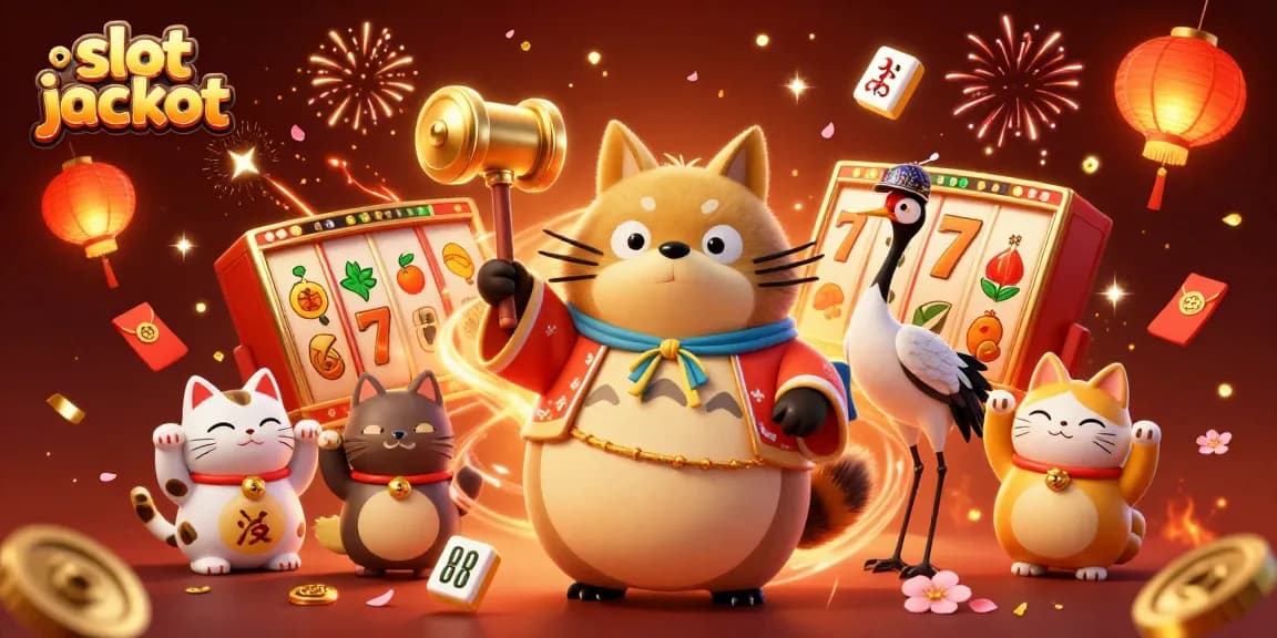 Mengguncang slot jackpot dalam permainan, tanuki dan crane merayakan keberuntungan dengan simbol keberuntungan
