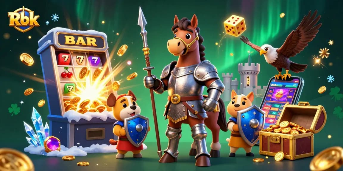 Experience thrilling adventures with Rbk in this vibrant casino scene featuring slot jackpots and lucky symbols.