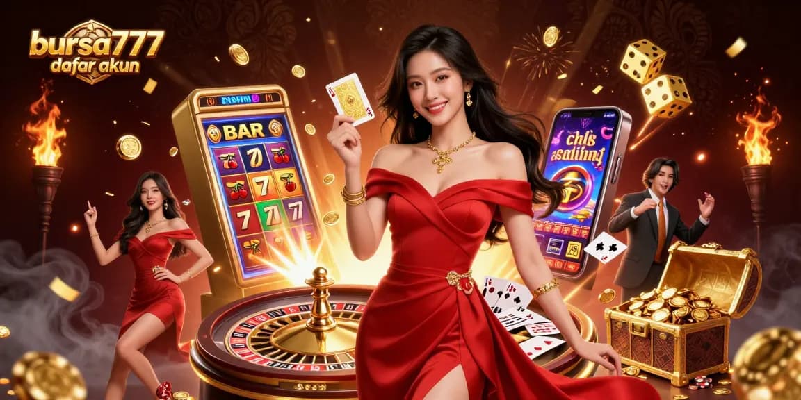 Play at Bursa777 daftar akun and win big with this vibrant casino scene showcasing slots, roulette, and jackpots.