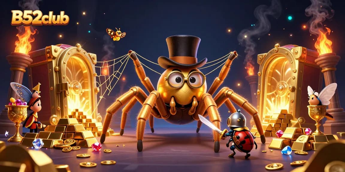 Engage with B52club as a giant tarantula spins winning fortunes in a vibrant casino scene.