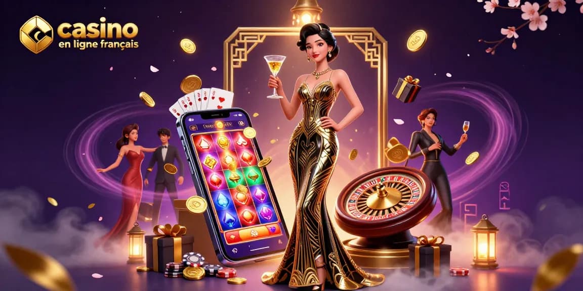 Vivez l'excitation du casino en ligne français avec une femme asiatique glamour au milieu des éléments de jeu.