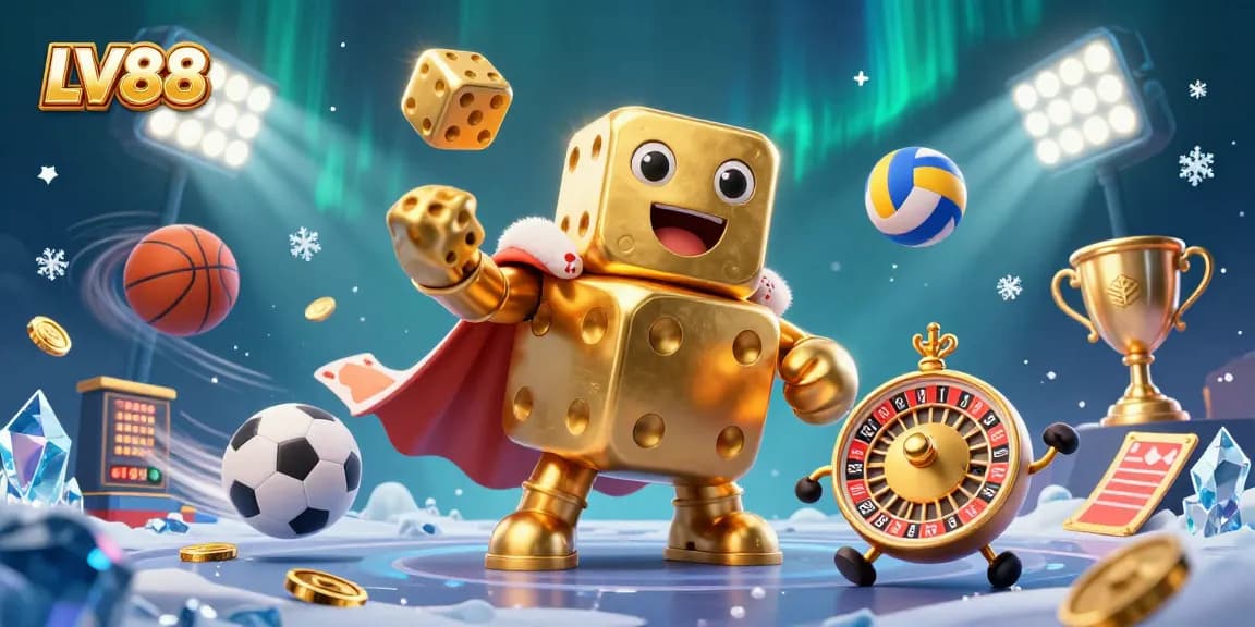 Experience thrilling gameplay with LV88, a vibrant scene filled with dynamic sports elements and golden casino symbols.