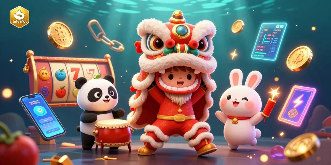 Engage with the thrilling world of toto slot featuring a lion dance, drumming panda, and vibrant casino elements.