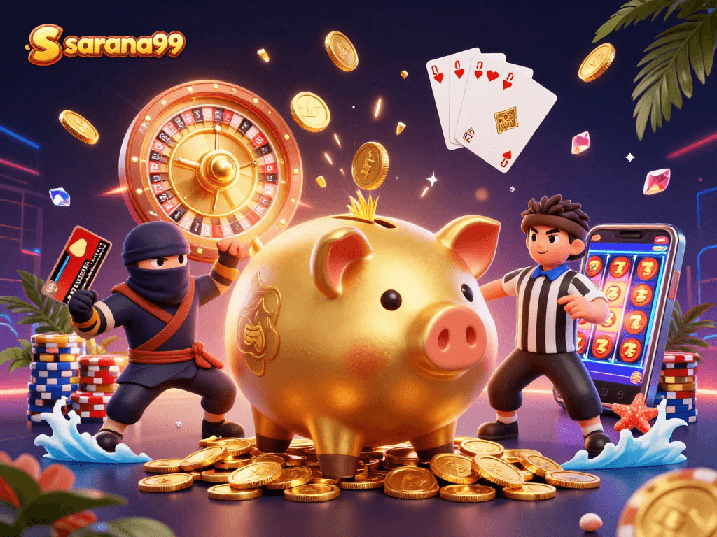 Sarana99 showcases a dynamic 3D cartoon scene featuring a piggy bank sumo wrestler, gold coins, and casino elements.