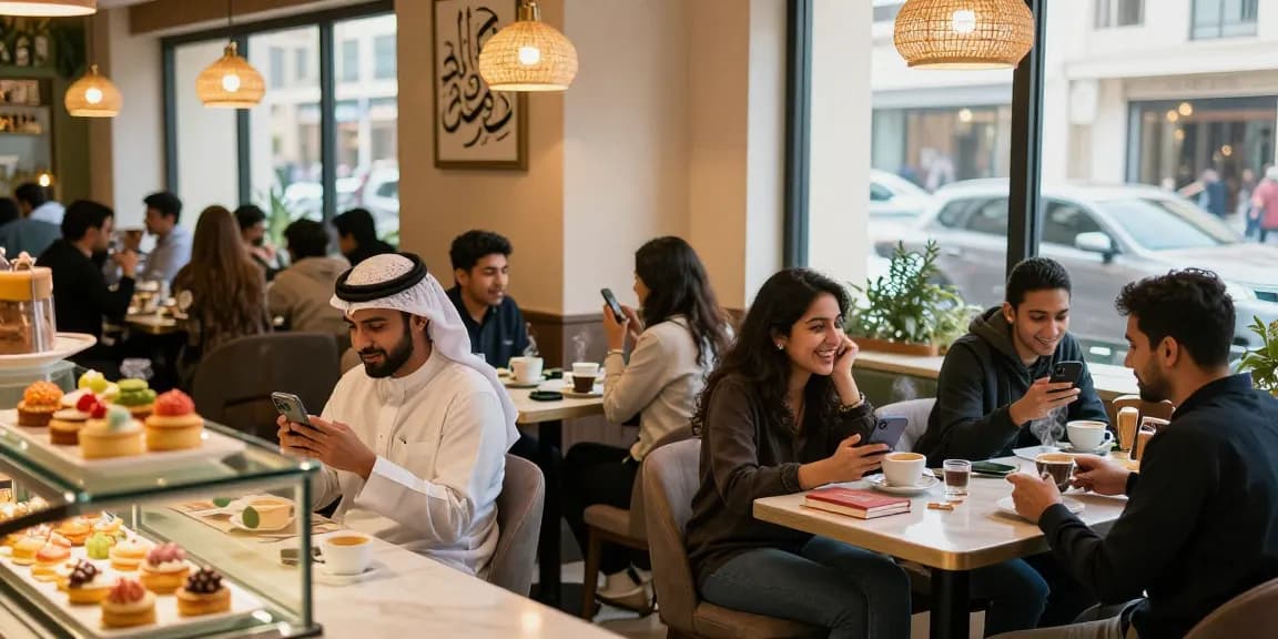 شات الرياض socializing scene in a vibrant café with diverse young adults enjoying lively conversations