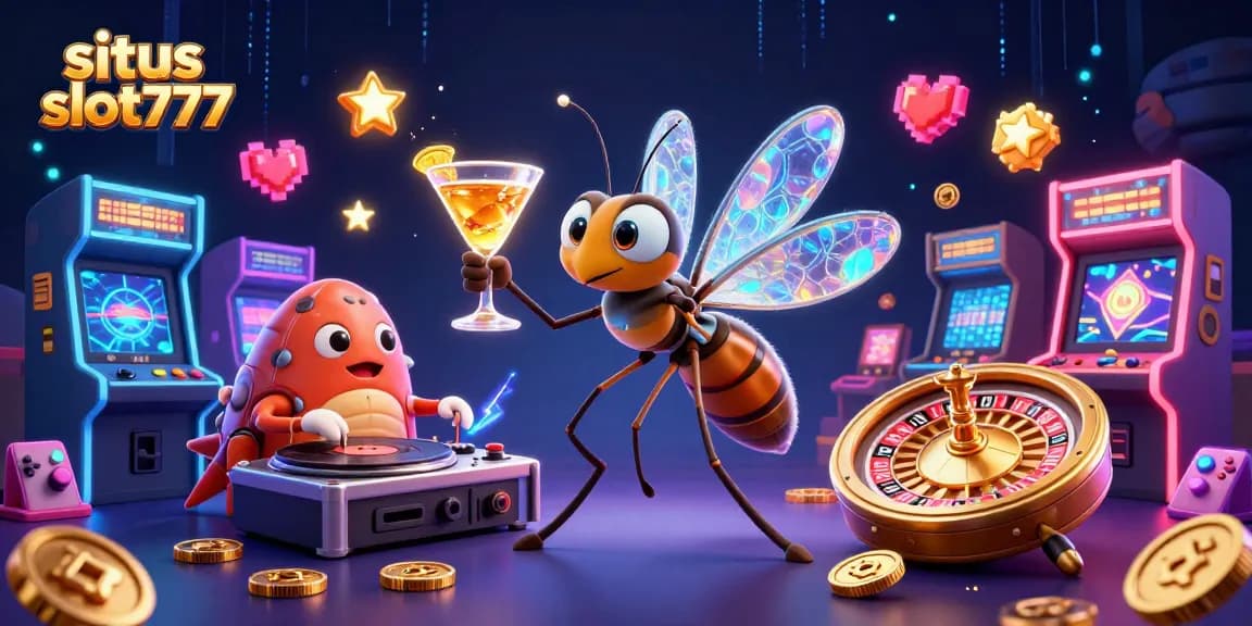 Spin win with situs slot777 at this vibrant casino illustration featuring lively characters and 3D game elements.