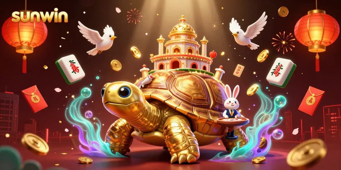 Experience thrilling gaming at Sunwin with a vibrant illustration featuring a golden tortoise casino and dynamic game elements.