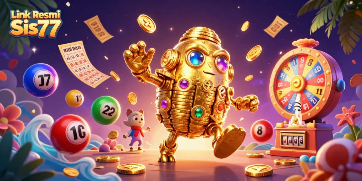 Menangkan permainan menggunakan Link Resmi Sis77 dengan elemen menarik seperti golem emas dan bola lotere berwarna.